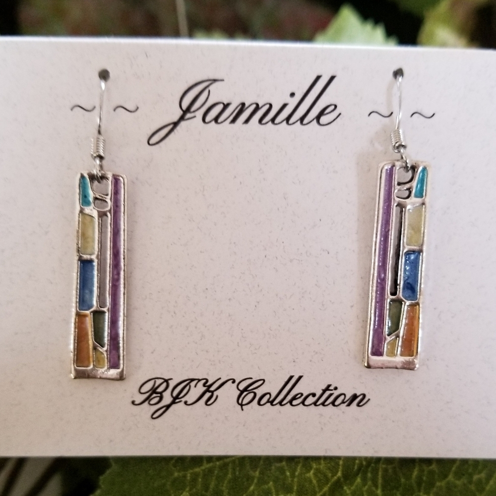 Art Deco style earrings dangle multi color.